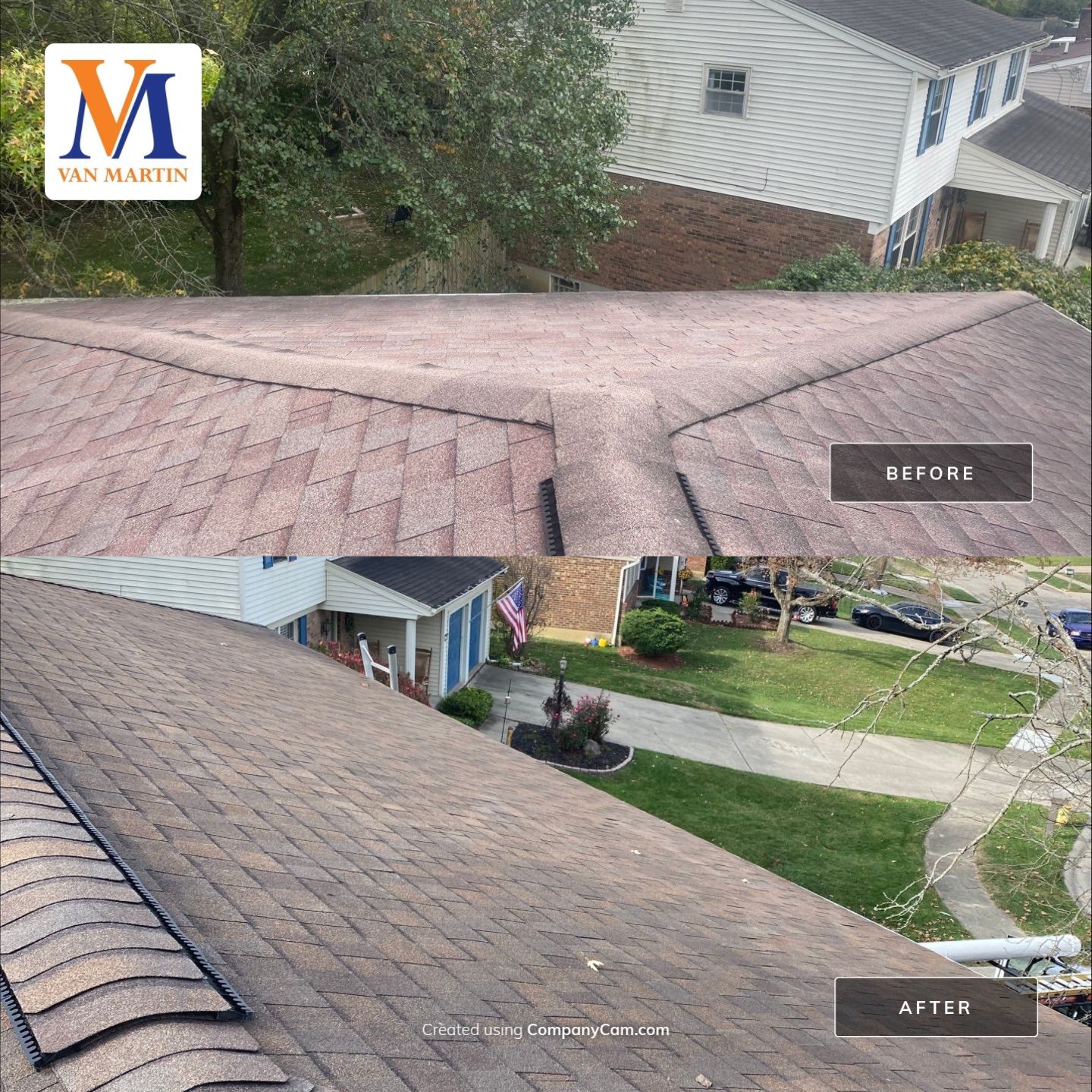 Roof repair before and after by Van Martin.