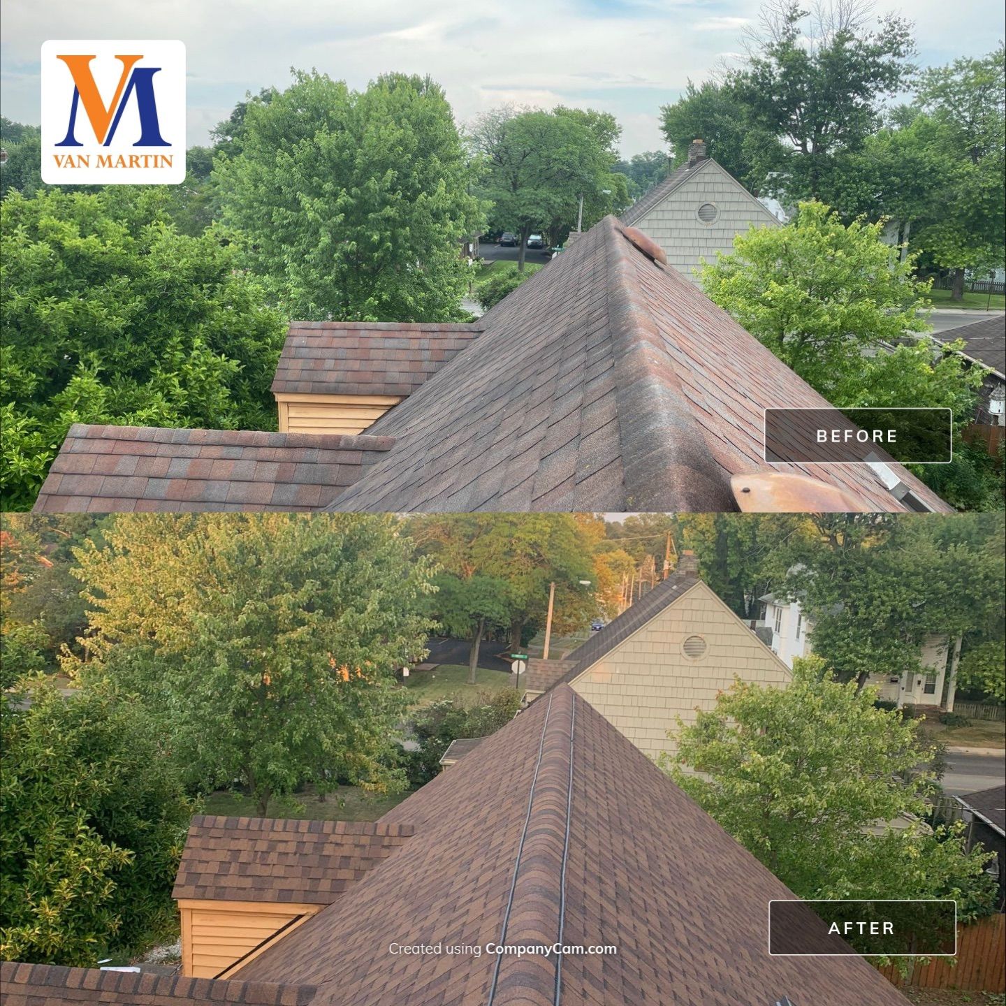 Roof cleaning before and after by Van Martin.