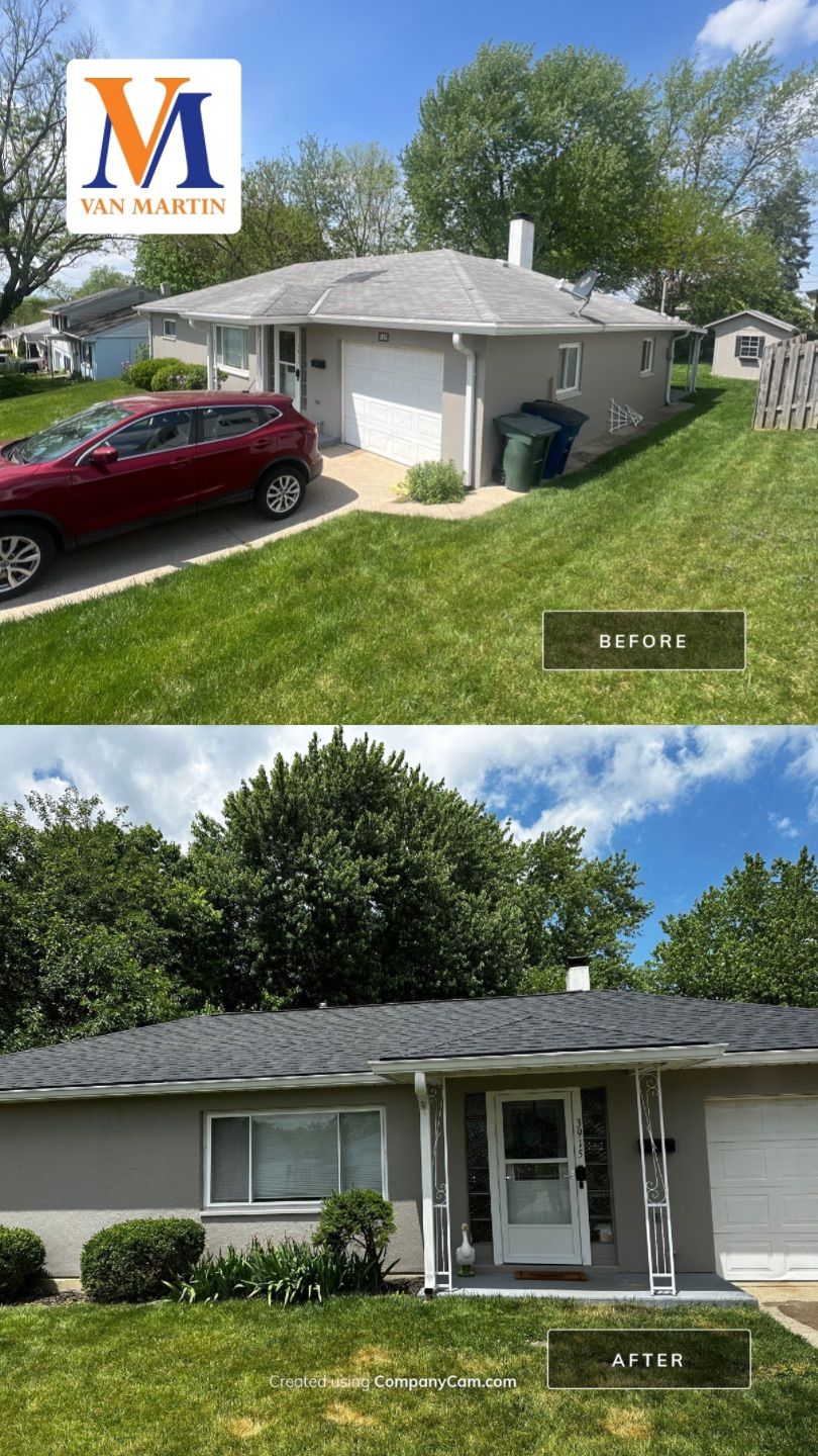 Roof replacement before and after, Van Martin roofing.