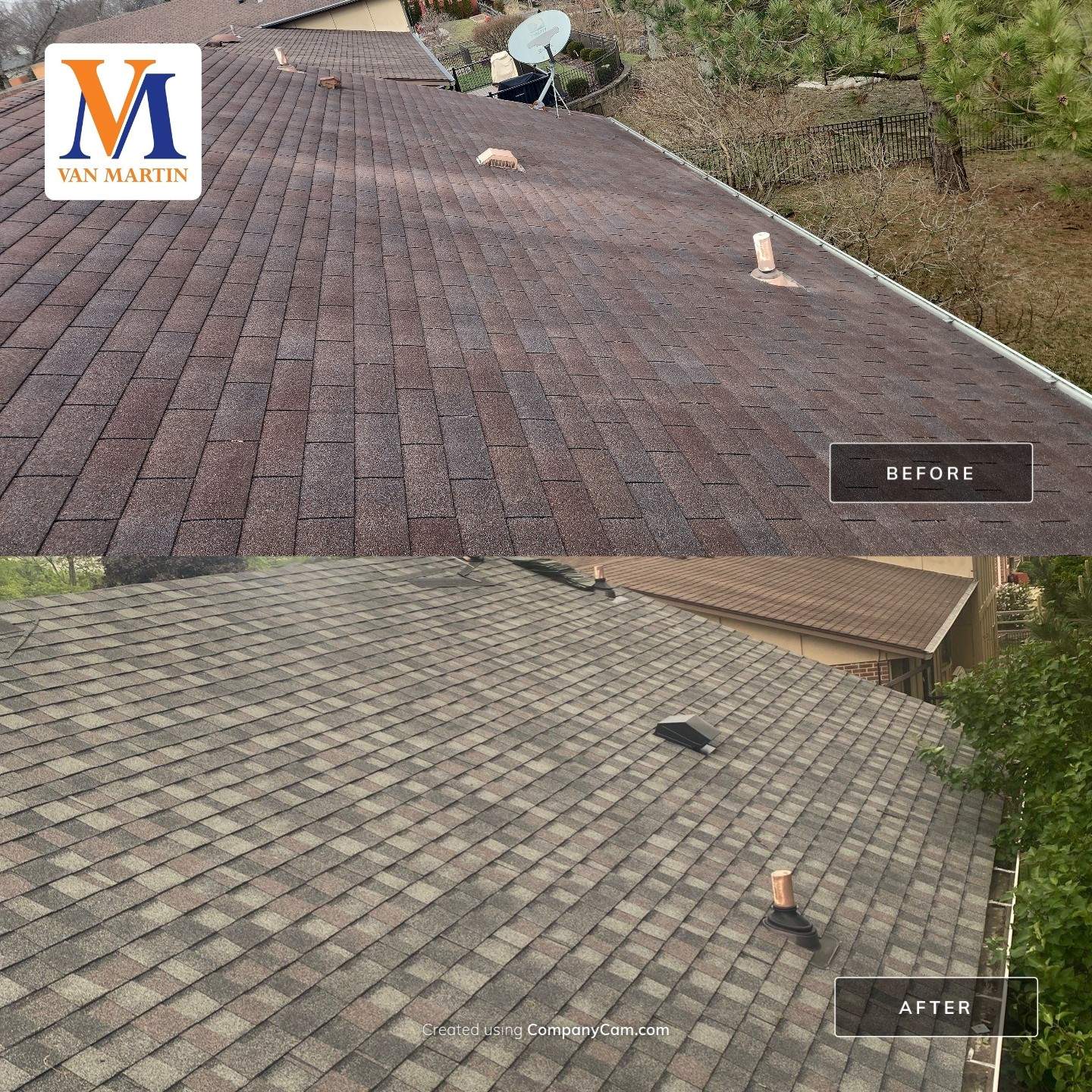 Roof cleaning before and after, Van Martin roofing.